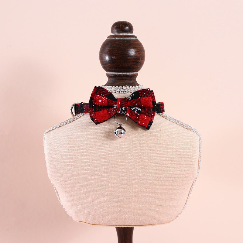 Pet Adjustable Anti-suffocation Double-layer Bow Snowflake Plaid Christmas Collar Cat Dog Bell Accessories Necklace - Dana & Dekor