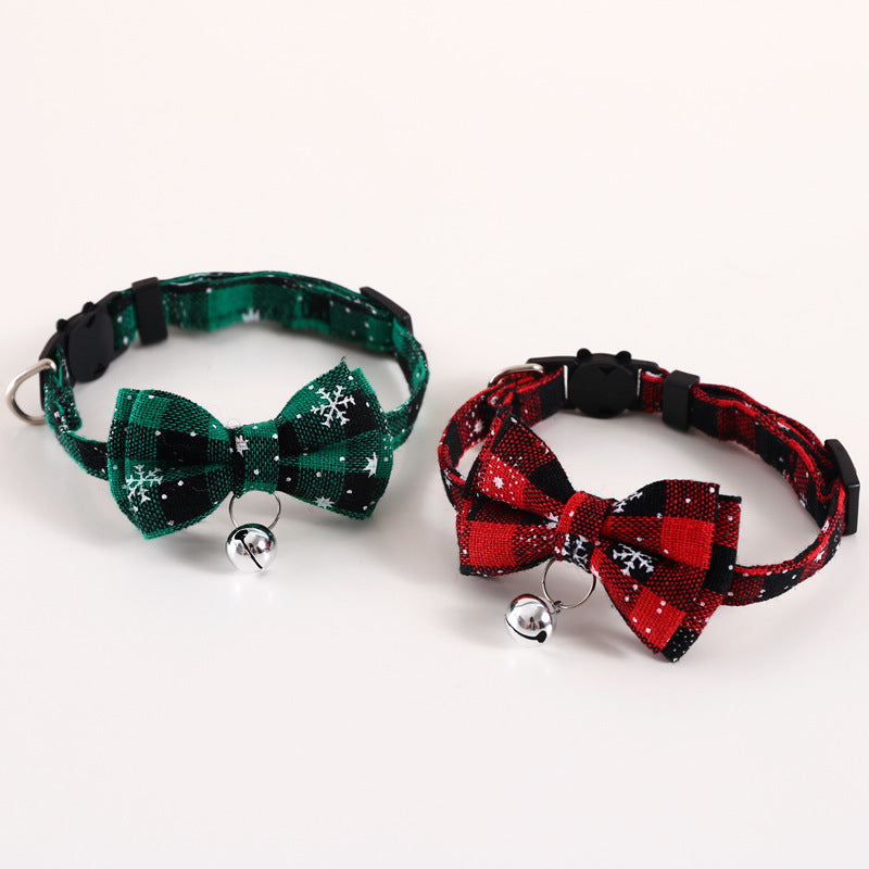 Pet Adjustable Anti-suffocation Double-layer Bow Snowflake Plaid Christmas Collar Cat Dog Bell Accessories Necklace - Dana & Dekor