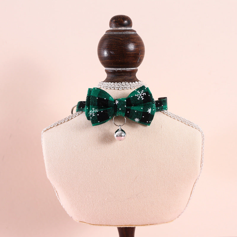 Pet Adjustable Anti-suffocation Double-layer Bow Snowflake Plaid Christmas Collar Cat Dog Bell Accessories Necklace - Dana & Dekor