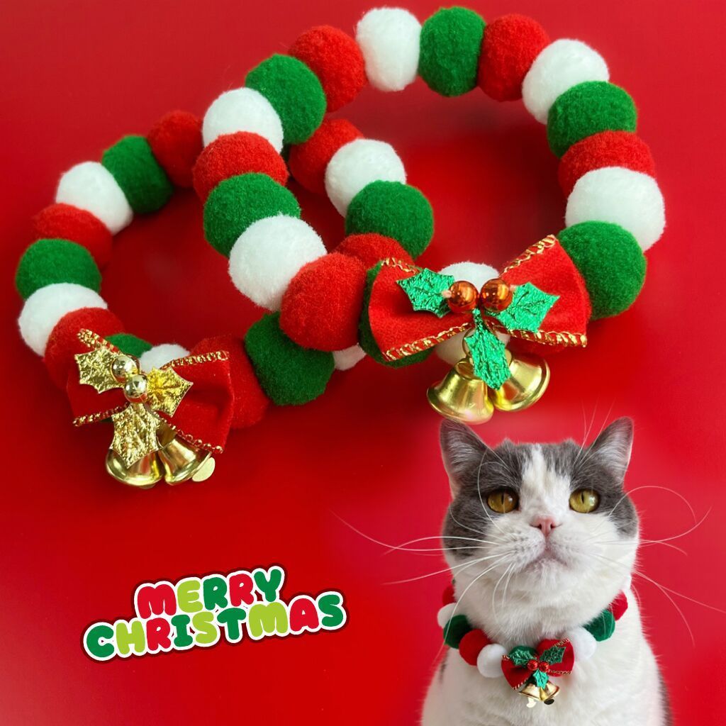 Christmas Cute Dog Cat Plush Ball Necklace Soft Elasticity Collar Pet Neck Accessories Dog Christmas Collar With Bow - Dana & Dekor 