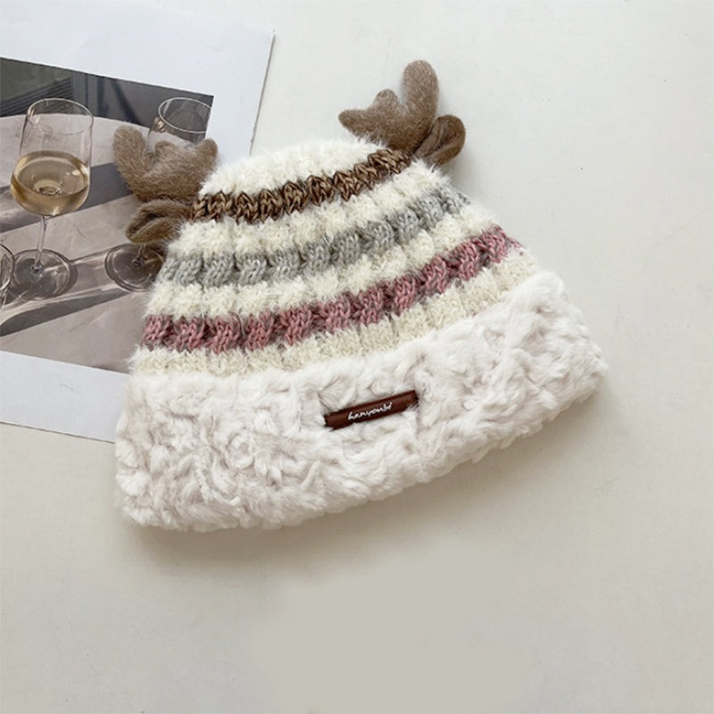 Christmas Knitted Hat With Cute Deer Antler Winter Warm Thick Hat For Girls Women - Dana & Dekor 