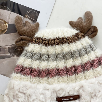 Christmas Knitted Hat With Cute Deer Antler Winter Warm Thick Hat For Girls Women - Dana & Dekor 