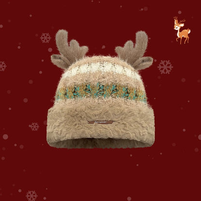 Christmas Knitted Hat With Cute Deer Antler Winter Warm Thick Hat For Girls Women - Dana & Dekor 