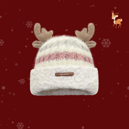 Christmas Knitted Hat With Cute Deer Antler Winter Warm Thick Hat For Girls Women - Dana & Dekor 