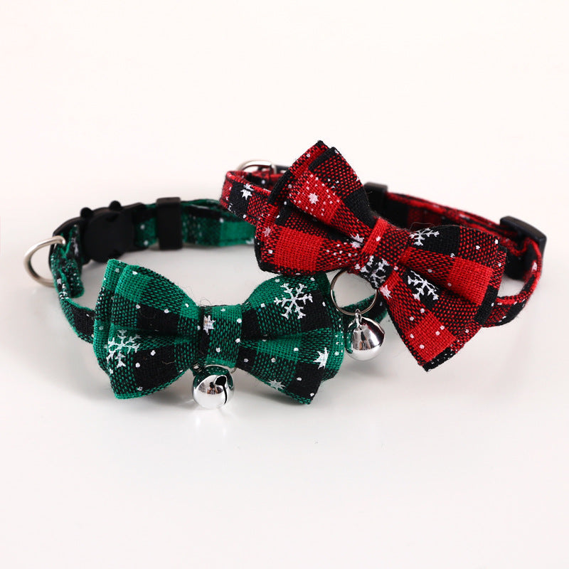 Pet Adjustable Anti-suffocation Double-layer Bow Snowflake Plaid Christmas Collar Cat Dog Bell Accessories Necklace - Dana & Dekor 