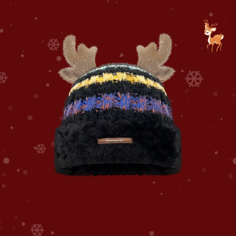 Christmas Knitted Hat With Cute Deer Antler Winter Warm Thick Hat For Girls Women - Dana & Dekor 