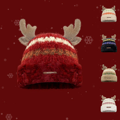 Christmas Knitted Hat With Cute Deer Antler Winter Warm Thick Hat For Girls Women - Dana & Dekor 