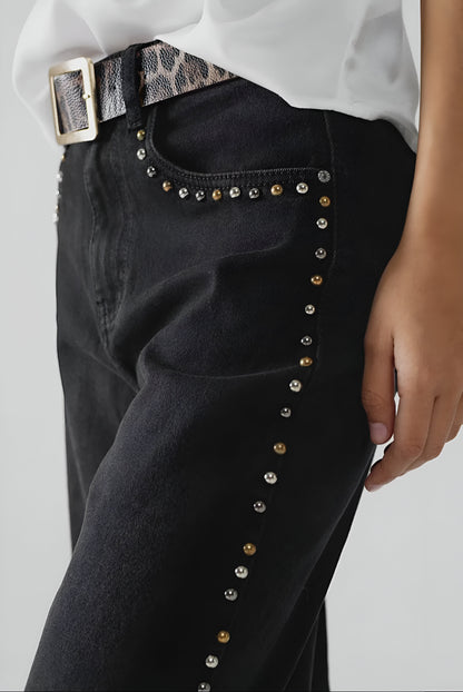 Straight Jeans with Stud Trim Details On the Sides in Black - Dana & Dekor 