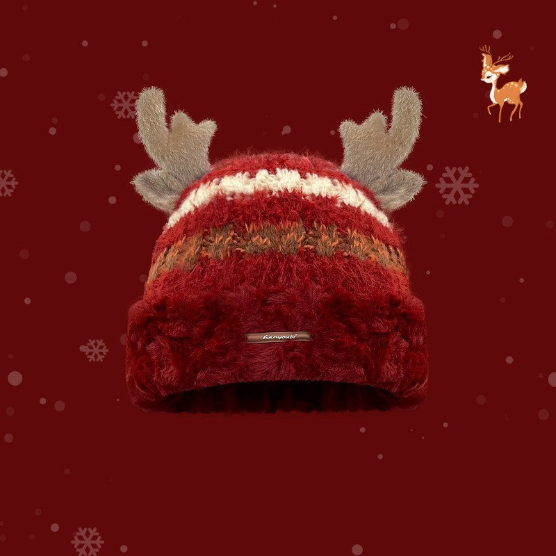 Christmas Knitted Hat With Cute Deer Antler Winter Warm Thick Hat For Girls Women - Dana & Dekor 