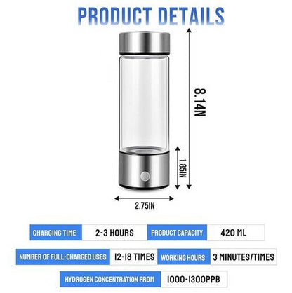 Hydrogen Rich 420ML Portable Water Glass Bottle Alkaline Generator Ionizer USB